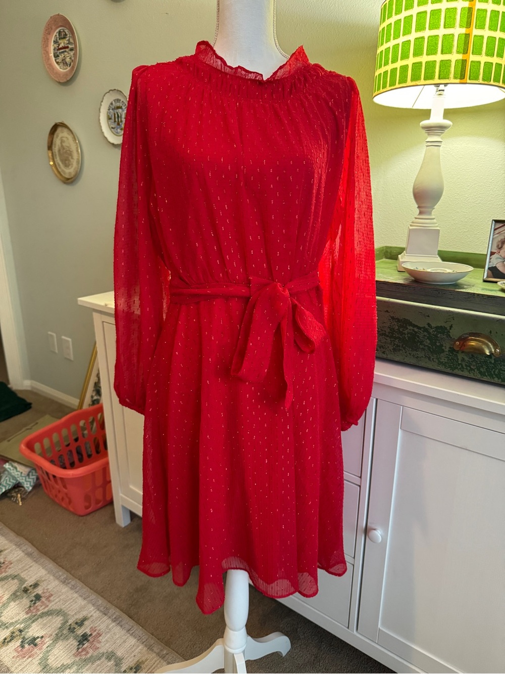 DKNY Clip Dot Shimmer Red Long Sleeve Tie Waist Party Dress Size 14